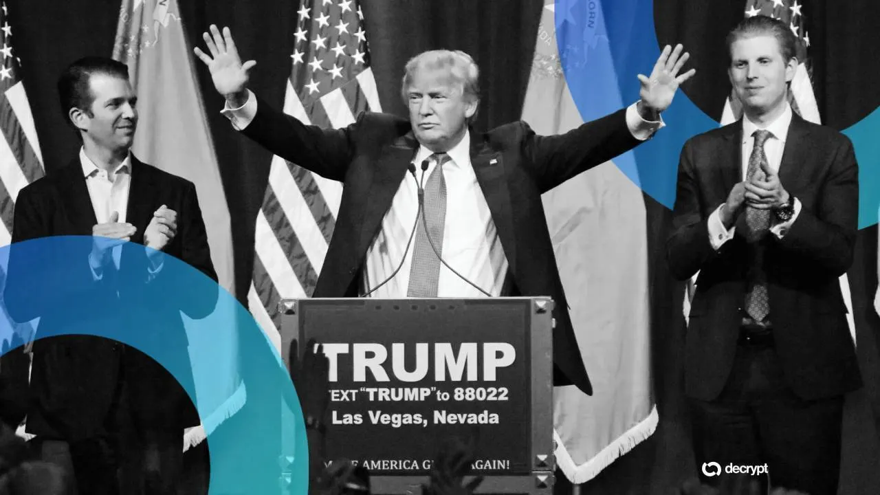 Crypto Business Should Make Progress Earlier than Trump Leaves Workplace: Etherealize Co-Founder 4 1:27 pm December 21, 2025 Crypto Business Should Make Progress Earlier than Trump Leaves Workplace: Etherealize Co-Founder U.S. President Donald Trump (center) with sons Donald Jr. (left) and Eric (right). Image: Decrypt/Shutterstock