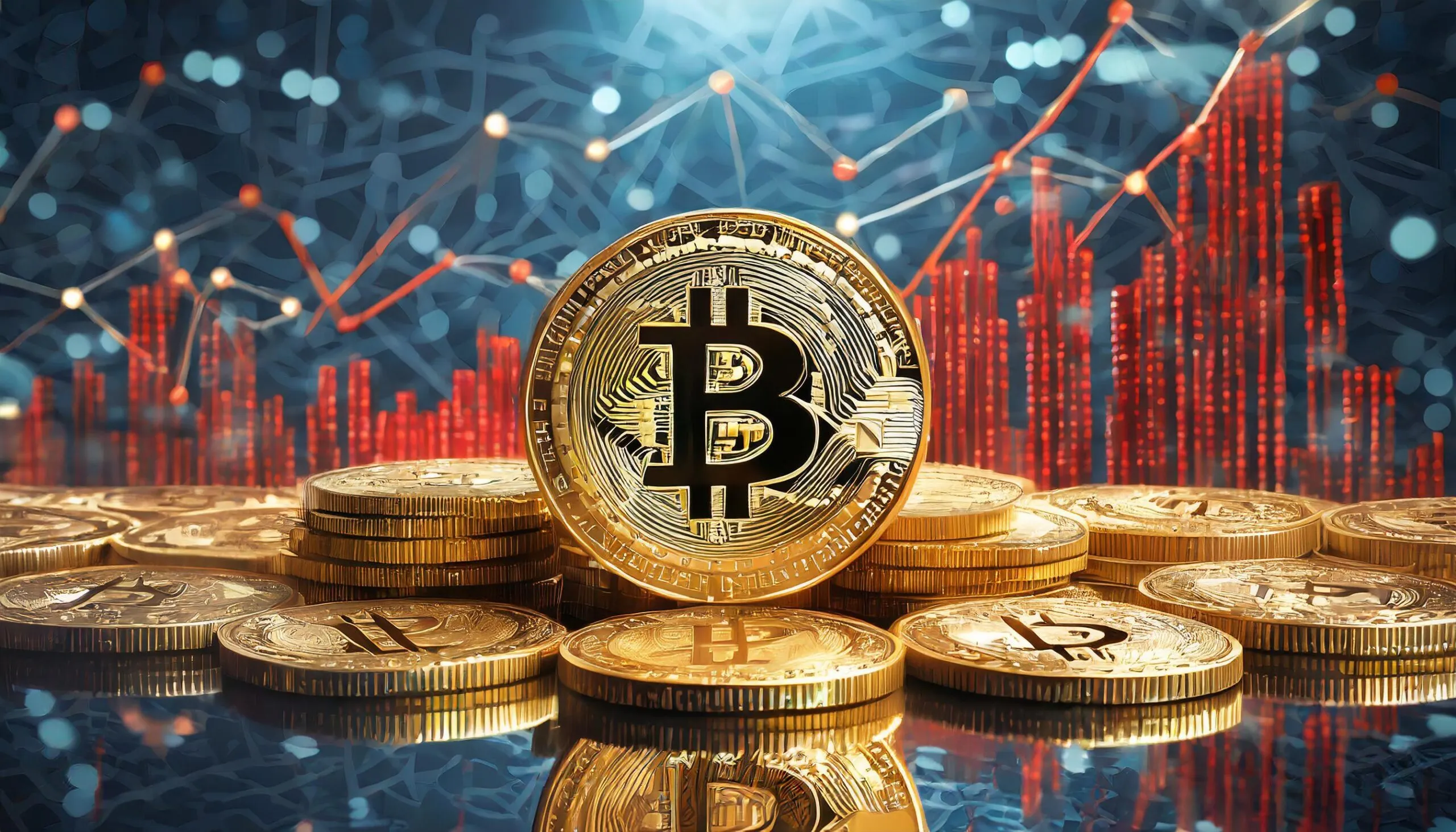 Pile of bitcoin in front of red stock chart. Image generated by Decrypt using AI