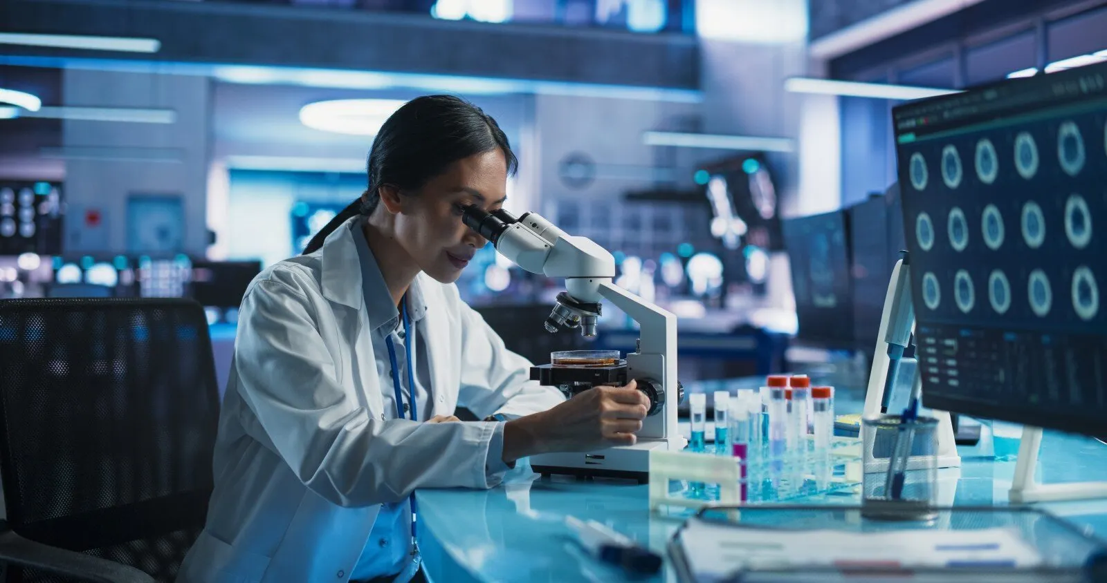 Scientist. Female scientist using microscope. Image: Shutterstock